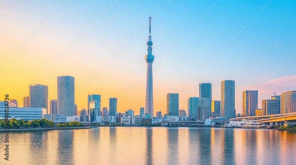 Fototapeta premium Urban skyline from Sumida Park lined with sakura trees, no walkers.