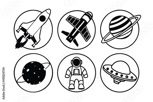Space Exploration Icons Set in Black and White Outline Style in Circle Frames
