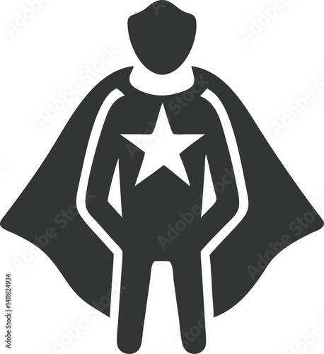 Superhero Silhouette Icon with Star Emblem and Cape on Transparent Background