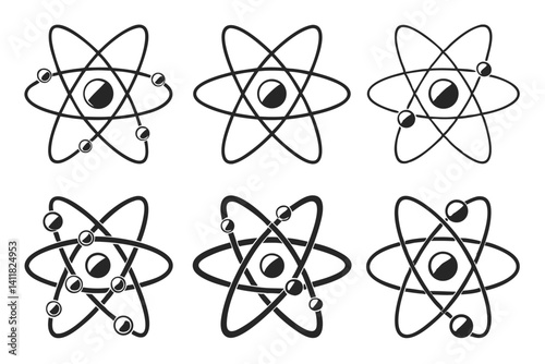Collection of Atom Symbols Depicting Science and Technology, Black and White Isolated Design