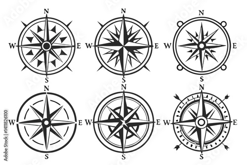 Set of Six Vector Compass Rose Illustrations with North South East West Letters.