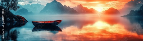 Serene Sunset Over Calm Waters with a Boat Surrounded by Majestic Mountain Landscape