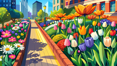 A vibrant urban flower bed bursting with tulips and daisies along the sidewalk