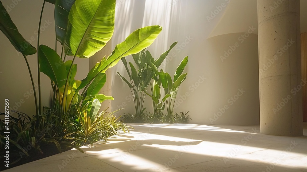Obraz premium Sunlight Streaming Through Sheer Curtain Illuminating Lush Green Tropical Plants