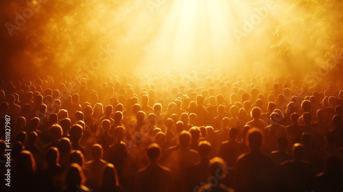 Large Crowd Silhouetted Against Bright Golden Light