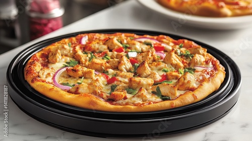 A delicious chicken pizza with melted cheese on a black plate, presenting a savory and satisfying meal.