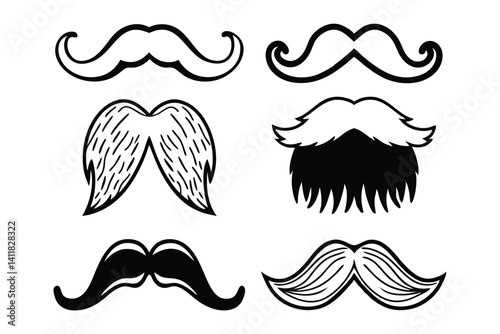 Collection of Black and White Vintage Mustaches Vector Illustration, barber shop symbol.