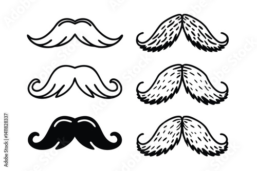 Set of stylized mustaches in line art and silhouette for design elements.