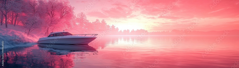 Fototapeta premium Serene Sunset Over Calm Water with Boat in Dreamy Pink and Purple Sky Reflection