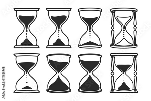 Hourglass icon set, sand timer variations, vintage time measuring vector design.