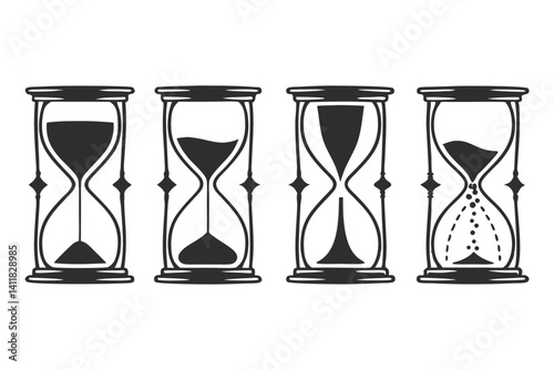 Sandglass icons set, hourglass in different stages of the time flow.