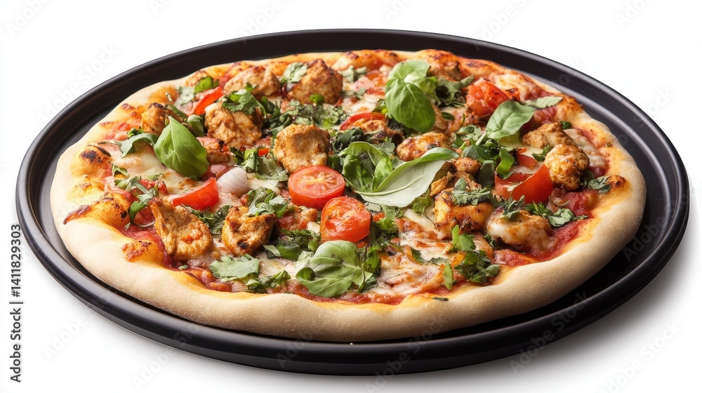 A delicious chicken pizza with melted cheese on a black plate, presenting a savory and satisfying meal. A delicious chicken pizza with melted cheese on a black plate, presenting a savory and satisfying meal.