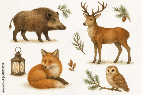 Forest Animals Watercolor Illustration – Deer, Fox, Boar, Owl with Winter Elements