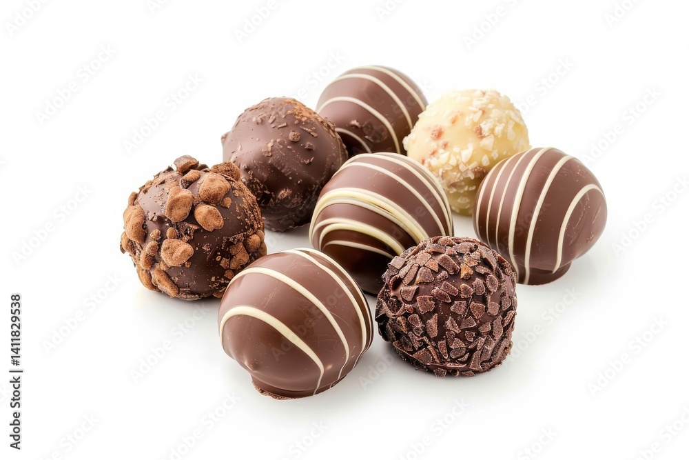 Indulgent assortment of handmade chocolate truffles on a clean white surface, showcasing rich flavors and artistic drizzle patterns isolated on transparent background Indulgent assortment of handmade chocolate truffles on a clean white surface, showcasing rich flavors and artistic drizzle patterns isolated on transparent background
