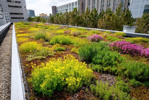 Green Roof with Wildflowers A building roof densely planted with wildflowers and succulents under midday light