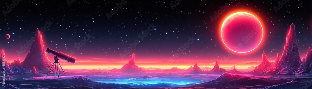 Obraz premium Futuristic Landscape with Telescope Under Stars and Bright Red Planet in Vibrant Colorful Scene