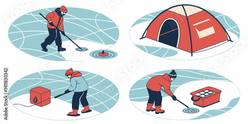 Winter Ice Fishing Cartoon Tent Heater Cooler Gear Person on Ice