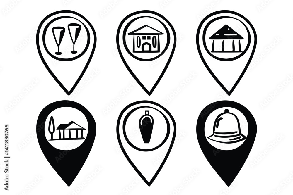 Hand-drawn vector icons of tourism and recreation on map pointers in black. Hand-drawn vector icons of tourism and recreation on map pointers in black.