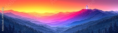Majestic Mountain Landscape with Sunset Hues and Misty Forest Silhouette at Dusk