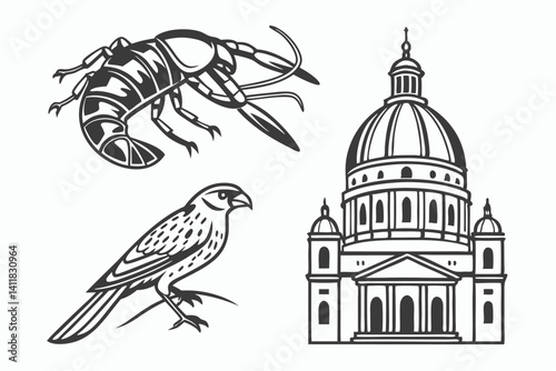 Vintage Line Art Collection: Lobster, Bird of Prey and Cathedral Architecture