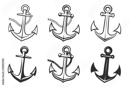 Set of six marine anchor illustrations with ropes, black and white vector icons.