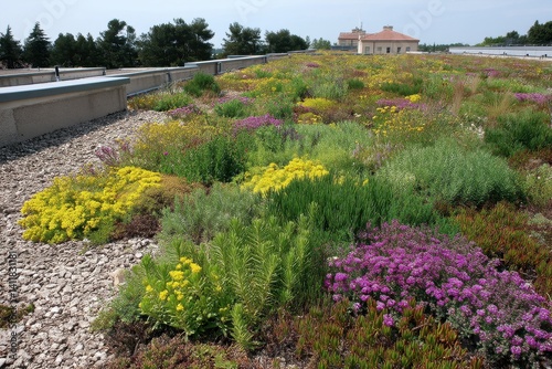 Green Roof with Wildflowers A building roof densely planted with wildflowers and succulents under midday light