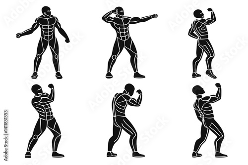 Stylized Strong Man Silhouette Set in Multiple Poses on White Background