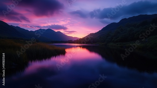 Serene mountain lake sunset reflection, tranquil, vivid colors, dramatic clouds