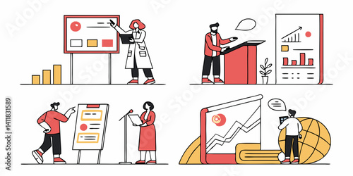 Business Data Presentation Vector Illustration People Presenting Data Charts Graphs at Meeting on Whiteboard Podium Flip Chart Laptop Globe