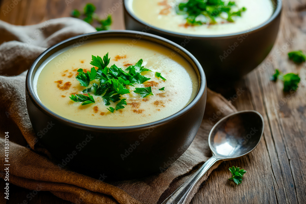 Creamy soup in a black bowl garnished with fresh green herbs served on a rustic wooden table surface Creamy soup in a black bowl garnished with fresh green herbs served on a rustic wooden table surface