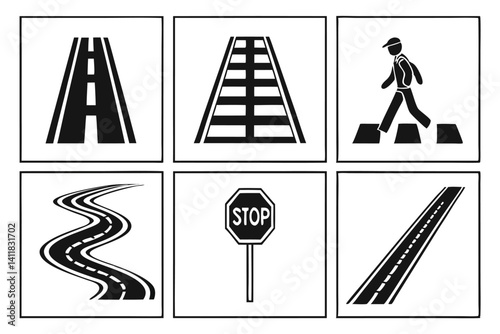 Black and white icons representing roads, railway, pedestrian crossing and stop sign.