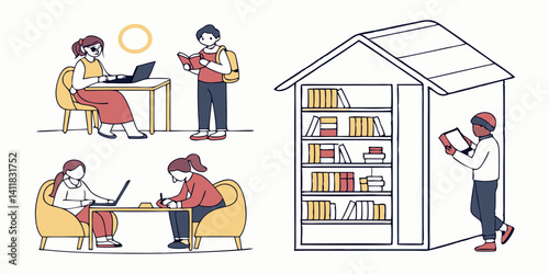 Cartoon Library Scene Readers Bookshelves Line Art