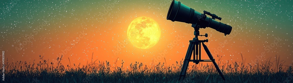 Fototapeta premium Stunning Telescope Under a Bright Full Moon Against a Starry Sky at Dusk