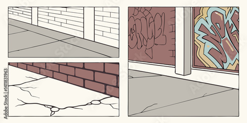 Cartoon Street Wall Pavement Illustrations: Brick, Concrete Block, Graffiti Art, Cracked Sidewalk