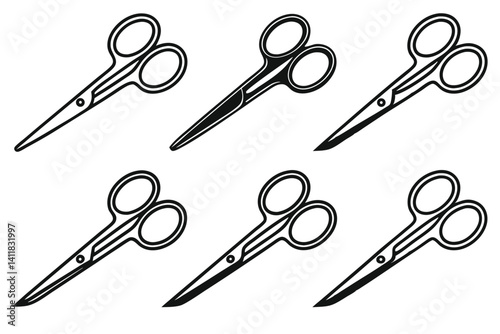 Set of Six Black and White Icon Style Nail Scissors Isolated on White