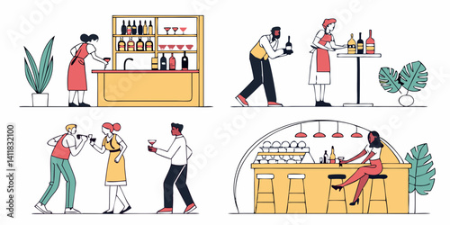 Bar Restaurant Scene Vector Art People Drinking Wine Cocktails