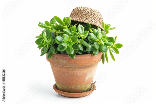 A charming succulent arrangement in a terracotta pot, crowned with a tiny woven hat for a delightful touch of whimsy isolated on transparent background photo