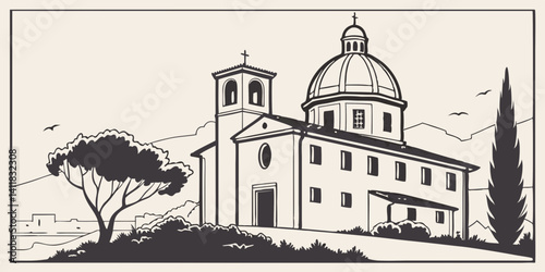 Tuscan Church Landscape Vector Illustration: Dome & Cypress Tree