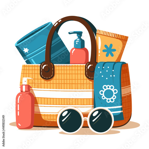Vector illustration of a beach bag filled with sunscreen, towel, and sunglasses 