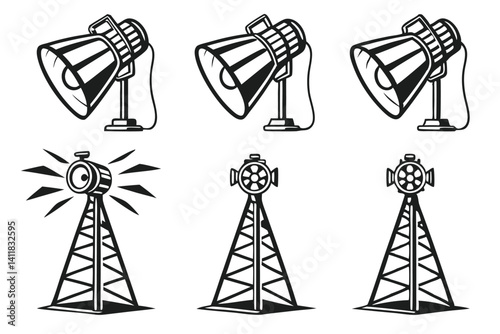 Monochrome icons set featuring spotlights and communication towers in a simple illustration.