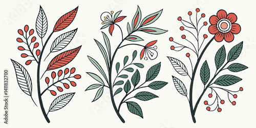 Decorative Floral Branches Stylized Botanical Illustration Leaves Berries Flowers