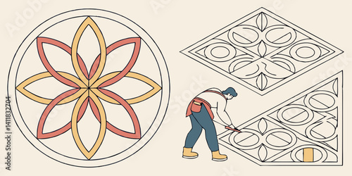 Decorative Floral Circle & Diamond Square Pattern Vector Illustration