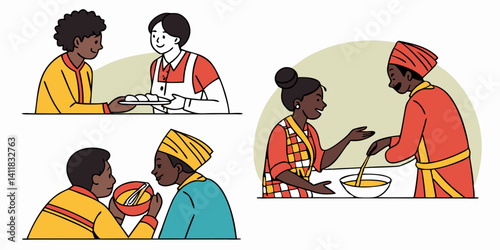 Cartoon Vector People Sharing and Serving Meals