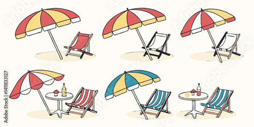 Cartoon Beach Umbrellas Chairs Tables Summer Vacation Flat Illustration