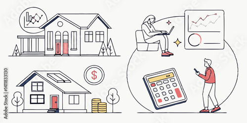 Real Estate Investment Analysis Home Market Graphs and Calculator Vector Illustration