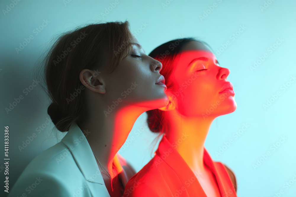 Two young businesswomen enjoying red light therapy treatment Two young businesswomen enjoying red light therapy treatment