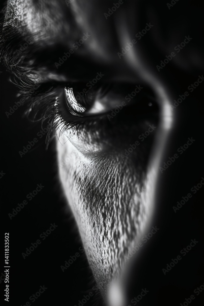 Black and white close-up of a man’s eye with strong lighting, ideal for mystery or portrait use
