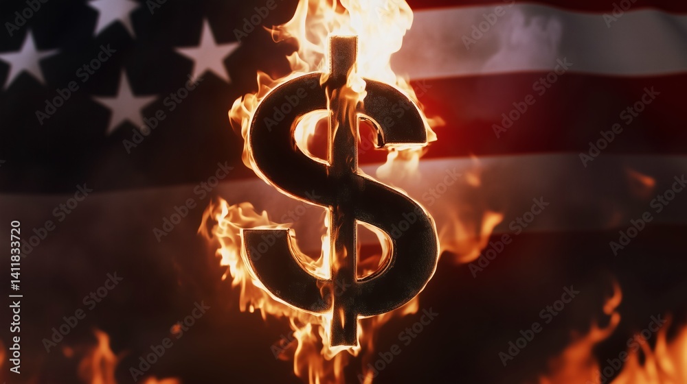 Burning dollar symbol with American flag background