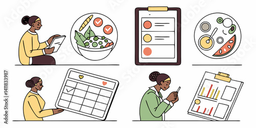 Woman's Diet & Wellness Progress Monitoring. Flat Vector Illustration.