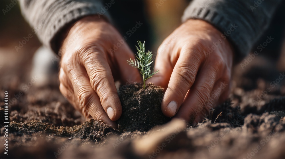 Close-up of hands planting a tree sapling, symbolizing growth and sustainability